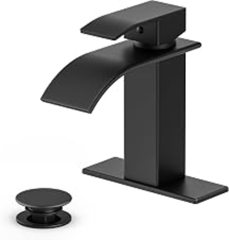Ryuwanku Waterfall Bathroom Faucet, Matte Black Stainless Steel, 1-Handle | Modern Bathroom Sink Faucet for RV & Outdoor Basins,Pop-Up Drain,Supply Lines,6-in Deck Plate,1- or 3-Hole,NSF Certified