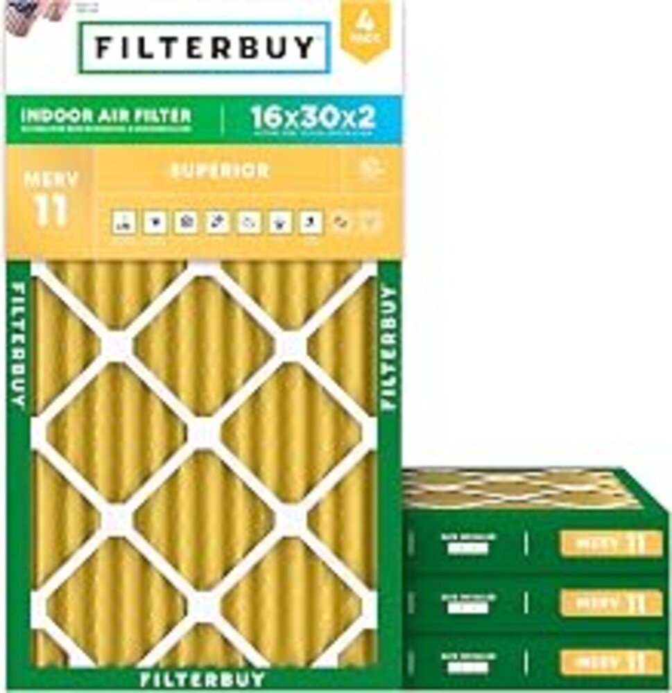 Filterbuy 16x30x2 Air Filter MERV 11 Pet & Allergy Defense (4-Pack) | Electrostatic Pleated HVAC AC Furnace Filters Replacement, Made in USA (Actual Size: 15.69 x 29.69 x 1.75)