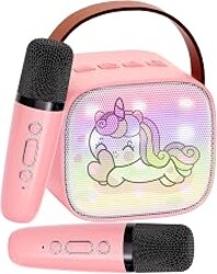 Mini Karaoke Machine for Kids Portable Karaoke Machine with 2 Bluetooth Wireless Microphones and LED Color Lights, Christmas Birthday Gifts Toys for Girls Boys (Pink)