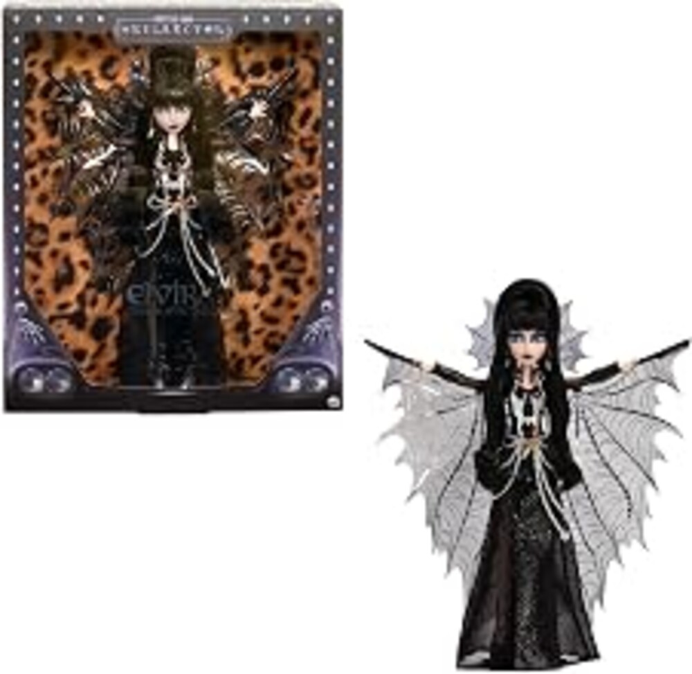 Monster High Skullector Elvira, Mistress of the Dark Doll | Elvira Collectible in Black Faux Leather Dress with Silvery Batwing Cape and Premium Accessories, Doll Stand