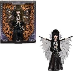 Monster High Skullector Elvira, Mistress of the Dark Doll | Elvira Collectible in Black Faux Leather Dress with Silvery Batwing Cape and Premium Accessories, Doll Stand