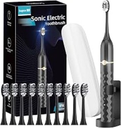 Seapeoa Sonic Electric Toothbrush Set, Equipped with 10 Brush Heads and Travel Case, IPX8 Waterproof, 2-Minute Timer, 42000 High-Frequency Vibrations, 5 Modes, The First Choice for Gift Giving, Black