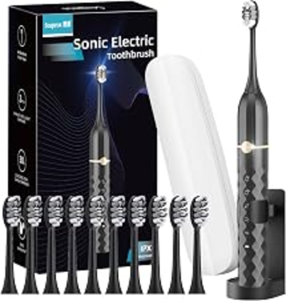 Seapeoa Sonic Electric Toothbrush Set, Equipped with 10 Brush Heads and Travel Case, IPX8 Waterproof, 2-Minute Timer, 42000 High-Frequency Vibrations, 5 Modes, The First Choice for Gift Giving, Black