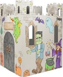 Easy Playhouse Cardboard Haunted Castle - Kids Fort and Art & Craft House | Large 32x32x43.5in Spooky Fortress to Color and Draw. Indoor Play Tent for Halloween Parties and Creative Role Play Fun