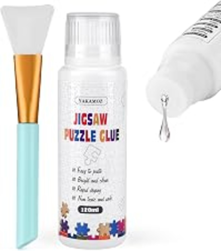 YAKAMOZ Jigsaw Puzzle Glue Clear with Silicone Brush, Sponge Head, 120mL | Clear Drying Formula | Protect Finished Puzzle Artwork | Easy Sponge Head Application