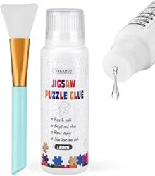 YAKAMOZ Jigsaw Puzzle Glue Clear with Silicone Brush, Sponge Head, 120mL | Clear Drying Formula | Protect Finished Puzzle Artwork | Easy Sponge Head Application