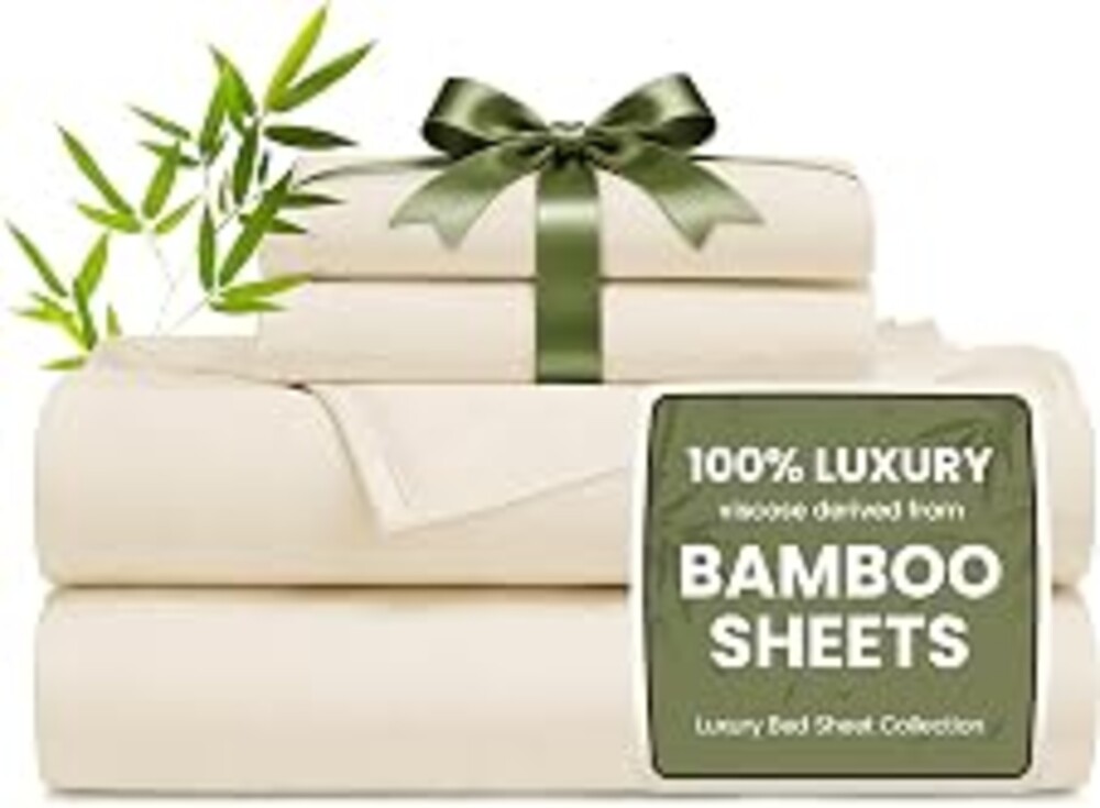 Love's cabin 4 Piece Queen Sheet Set, 100% Rayon Derived from Bamboo, Cooling & Breathable, Soft Silky Deep Pocket up to 16", Hotel Luxury Bedding for Hot Sleepers, Beige
