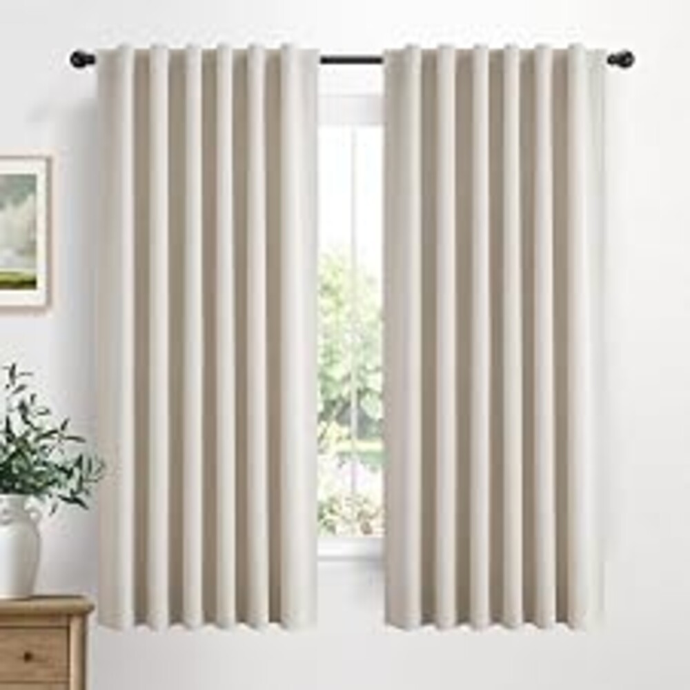 Linen Total Blackout Curtains for Bedroom Living Room 63 Inch, Cream | 100% Blackout Shield Linen Textured Back Tab/Rod Pocket Drapes, Thermal Insulated Blackout Curtains 2 Panels Set, 50"W x 63"L