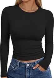 Trendy Queen Womens Long Sleeve T Shirts Fall Fashion Basic Y2K Tops 2026 | Buttery-Soft, Super Stretchy, Fitted Cute Tops, Going Out Basic Tees, Compression Underscrubs Shirts