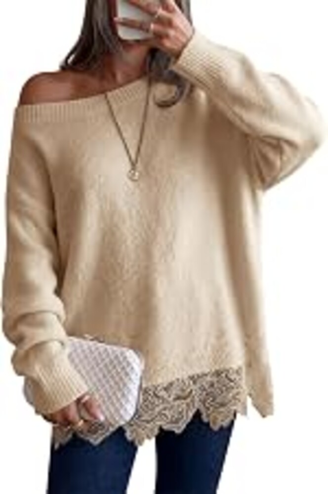Saodimallsu Womens Lace Patchwork Sweater Long Sleeve Boat Neck Pullovers | Floral Hem, Convertible Neckline, One-shoulder Styling, Soft Knit, Relaxed Fit, Date Night, Office