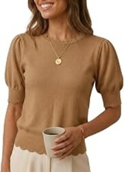 MONORA Short Sleeve Sweater for Women Pullover Knit Tops Scalloped Crewneck Puff Sleeve 2026