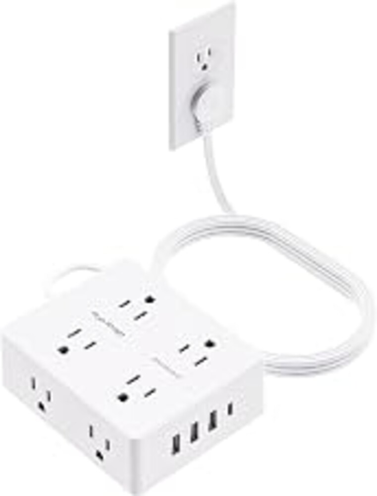 Olcorife Flat Plug Power Strip with 10 FT Extension Cord, 8 Outlets 4 USB Ports(1 USB C), 3 Sided Outlet Extender for Home Office Travel Dorm Room Essentials, White