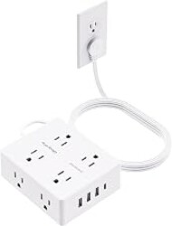 Olcorife Flat Plug Power Strip with 10 FT Extension Cord, 8 Outlets 4 USB Ports(1 USB C), 3 Sided Outlet Extender for Home Office Travel Dorm Room Essentials, White