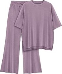 AmazingStar Womens Lounge Set 2026 Summer 2 Piece Outfits Oversized Short Sleeve Tops & Wide Leg Pant Matching Sets Clothing