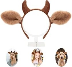 Beviliu Brown Cow Ears Headband - Realistic Horns and Furry Fluffy Costume Accessory for Animal Party, Halloween