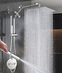 Veken All Metal 12" Luxurious Shower Head with Handheld,Full Body Coverage | Large Detachable 12" Square Rain Showerhead,Dual High Pressure Shower Heads Combo,Power Jet,Overhead Waterfall,Chrome,Silver