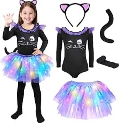 GIFTINBOX Black Halloween Cat Costume for Girls, Light Up Outfit Kids 3-8 | Black Cat Costume Set: Soft Bodysuit, Light Up Tutu, Tights, Cat Ears and Tail; Halloween Outfit for Girls Dress Up