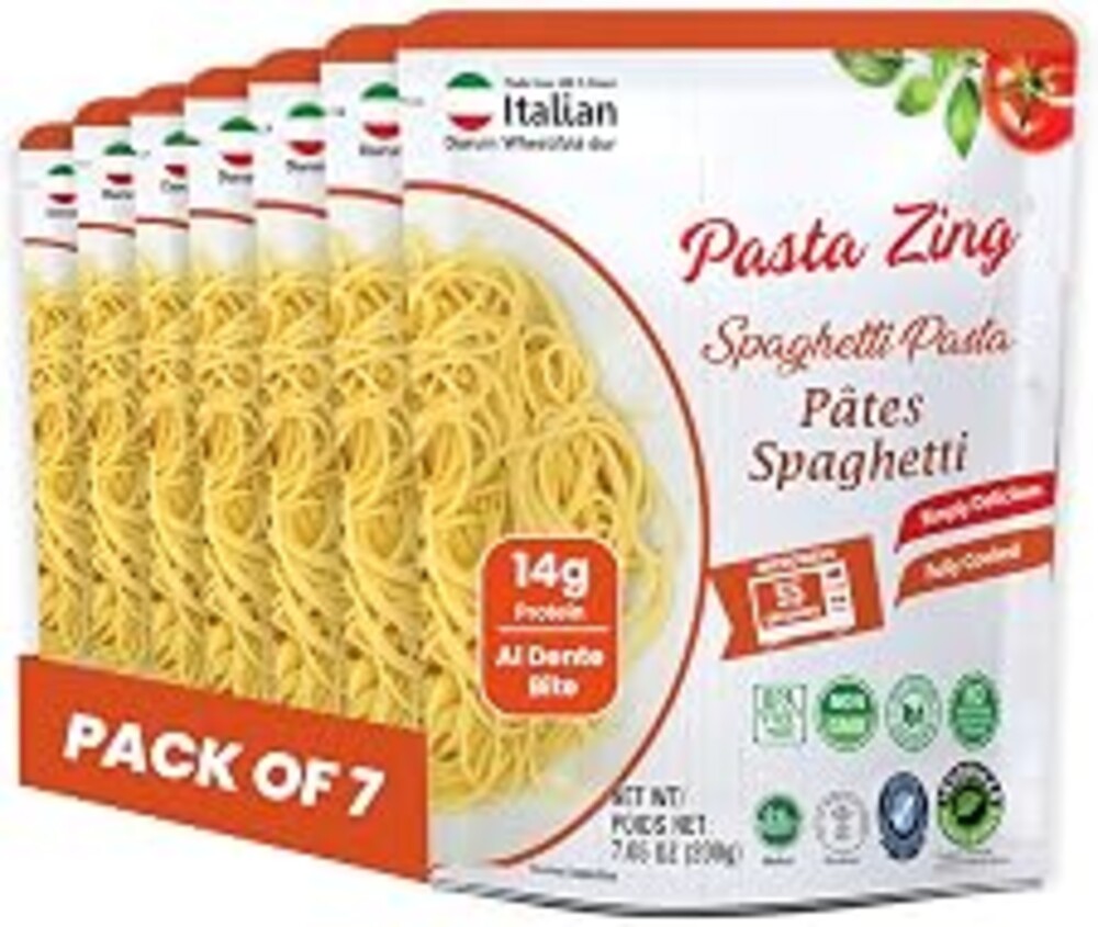 Pasta Zing Fully Cooked Spaghetti Pasta – Ready to Eat, Microwave in 1 Minute | No Boiling | Al Dente Italian Durum Wheat | Shelf-Stable Meal Solution | 14g Protein | 7.05 oz (Pack of 7)