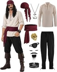 Vanderdyken 9 Pcs Pirate Costume Men Medieval Costume Renaissance Viking Outfit with Shirt Pant Accessories Set for Halloween