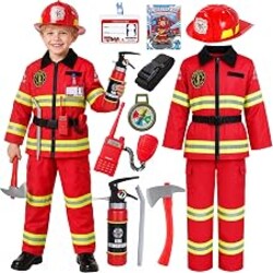 GIFTINBOX Firefighter Costume for Kids, Fireman Costume for Boys Ages 3-10 | Comfortable Fire Fighter Outfit with Toy Accessories, Halloween Costumes for Kids Boys Girls Dress Up Role Play, Career Day