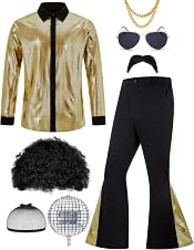 Lydoesy 70s Disco Outfit for Men 1970s Disco Party Costume | 8 Pcs Vintage Sequin Shirt Bell Bottom Pants Wig Sunglasses Neckline Mustache