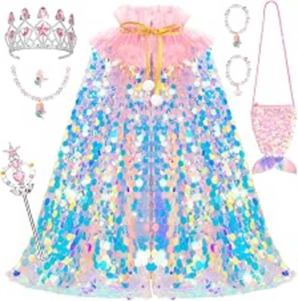 Meland Mermaid Cape for Princess Dress Up, Toy Gift for Girls Ages 3-8 | Sparkly & densely sequin cape with bag, premium dress up clothes for pretend play, Christmas birthday gift, Halloween costume