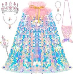 Meland Mermaid Cape for Princess Dress Up, Toy Gift for Girls Ages 3-8 | Sparkly & densely sequin cape with bag, premium dress up clothes for pretend play, Christmas birthday gift, Halloween costume