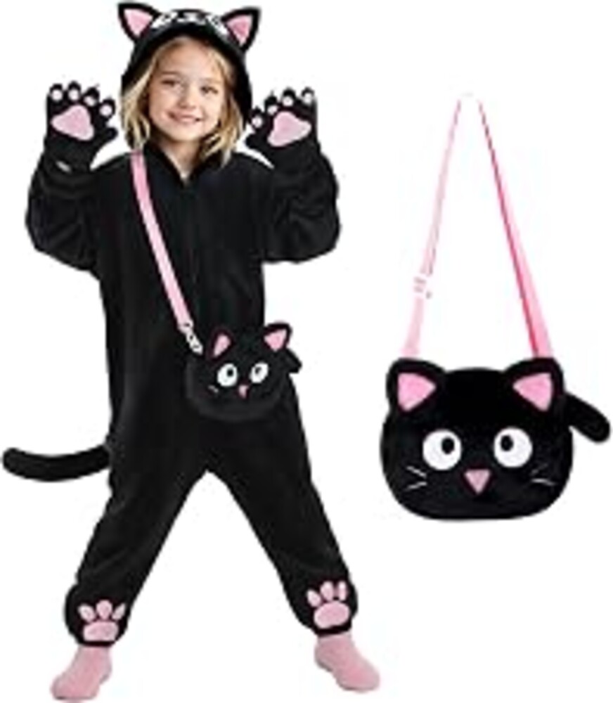RISFUNIA Black Cat Costume for Girls, Halloween Costumes for Kids Dress Up | Animal Onesie Kids with Pink Ears Hood, Soft Tail and Paw Mittens, Cat Noir Costume for Christmas, Birthday and Roleplay