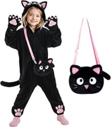 RISFUNIA Black Cat Costume for Girls, Halloween Costumes for Kids Dress Up | Animal Onesie Kids with Pink Ears Hood, Soft Tail and Paw Mittens, Cat Noir Costume for Christmas, Birthday and Roleplay