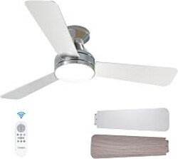 Amico 42 Inch Nickel Low Profile Ceiling Fans with Lights and Remote | Flush mount, 3-color dimmable light, quiet reversible DC motor, easy install, memory, timer, bedroom, covered outdoor areas