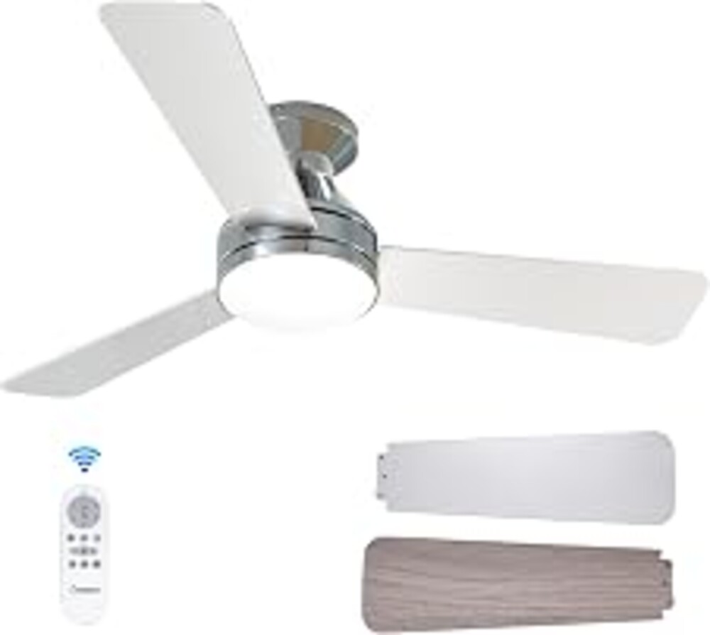 Amico 42 Inch Nickel Low Profile Ceiling Fans with Lights and Remote | Flush mount, 3-color dimmable light, quiet reversible DC motor, easy install, memory, timer, bedroom, covered outdoor areas
