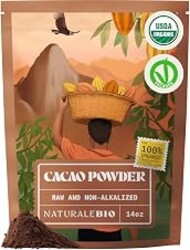 NaturaleBio Cacao Powder Organic 14oz. Unsweetened, Non-Alkalized and Pure. Cocoa Powder Substitute with Rich Dark Chocolate Flavor. Non-GMO, Gluten Free, Tested for Heavy Metals. From Raw Cacao Beans