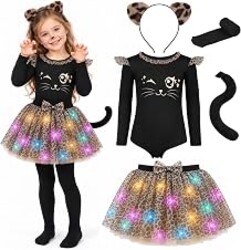 GIFTINBOX Cat Costume for Girls, Light Up Kids Halloween Cheetah Outfit | Girls Halloween Cat Cheetah Costume Set: Soft Bodysuit, Leopard Tutu, Tights, Cheetah Ears and Tail for Kids 3-8