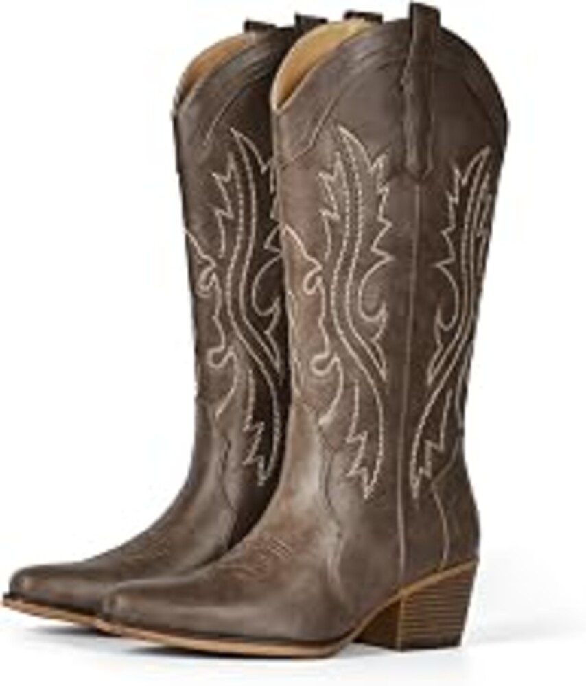 IUV Cowboy Boots For Women Western Cowgirl Boots Mid Calf Snip Toe | Chunky Heel Ideal for low insteps