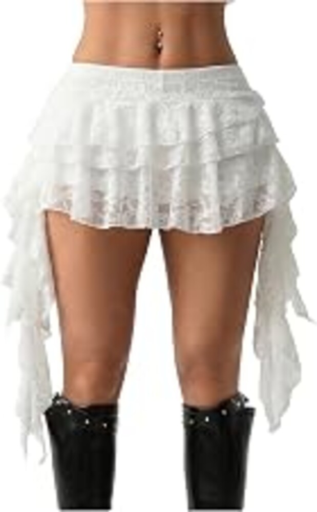 Women's Y2K Mini Skirt Ruffle Lace Mesh Asymmetrical Flowy Short Skort | Bulit-in shorts, layered pleated low rise design, boho/gothic/western style, for rave party/country concert