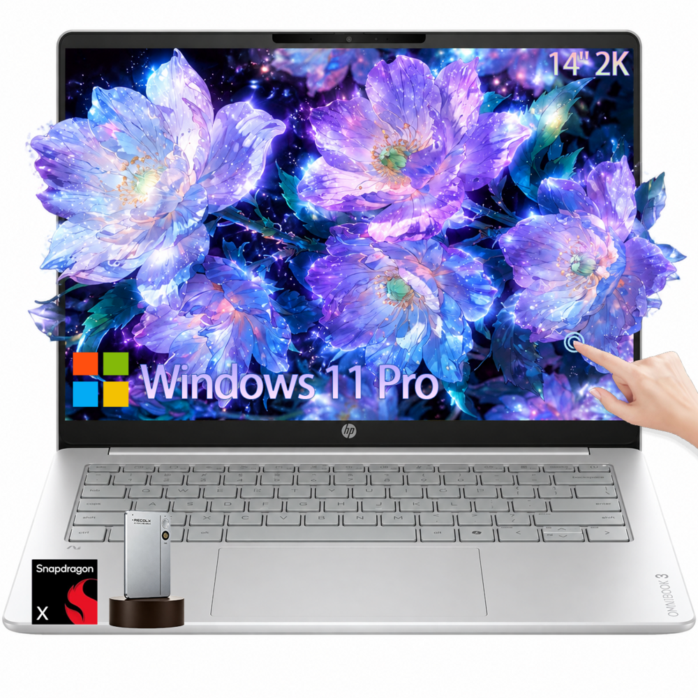 HP OmniBook 3 14" 2K Touchscreen Laptop for Business, Snapdragon X X1-26-100 Next Gen AI PC, 16GB LPDDR5x, 512GB SSD, Windows 11 Pro, Copilot+ PC - Glacier Silver