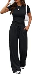 Trendy Queen Women's 2 Piece Matching Summer Lounge Set with Pockets | Vacation Airport Travel Outfits, Workout Gym Clothing Comfy Athleisure Clothes, Side-ruched Top, Drawstring Wide Leg Pants