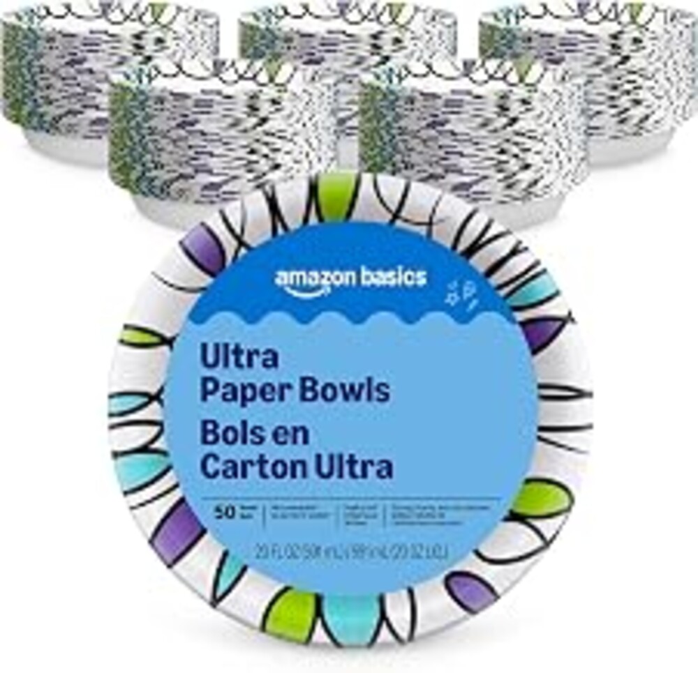 Amazon Basics Ultra Paper Bowls, 20 Oz, Disposable, 300 Count, White (6 packs of 50), Packaging May Vary