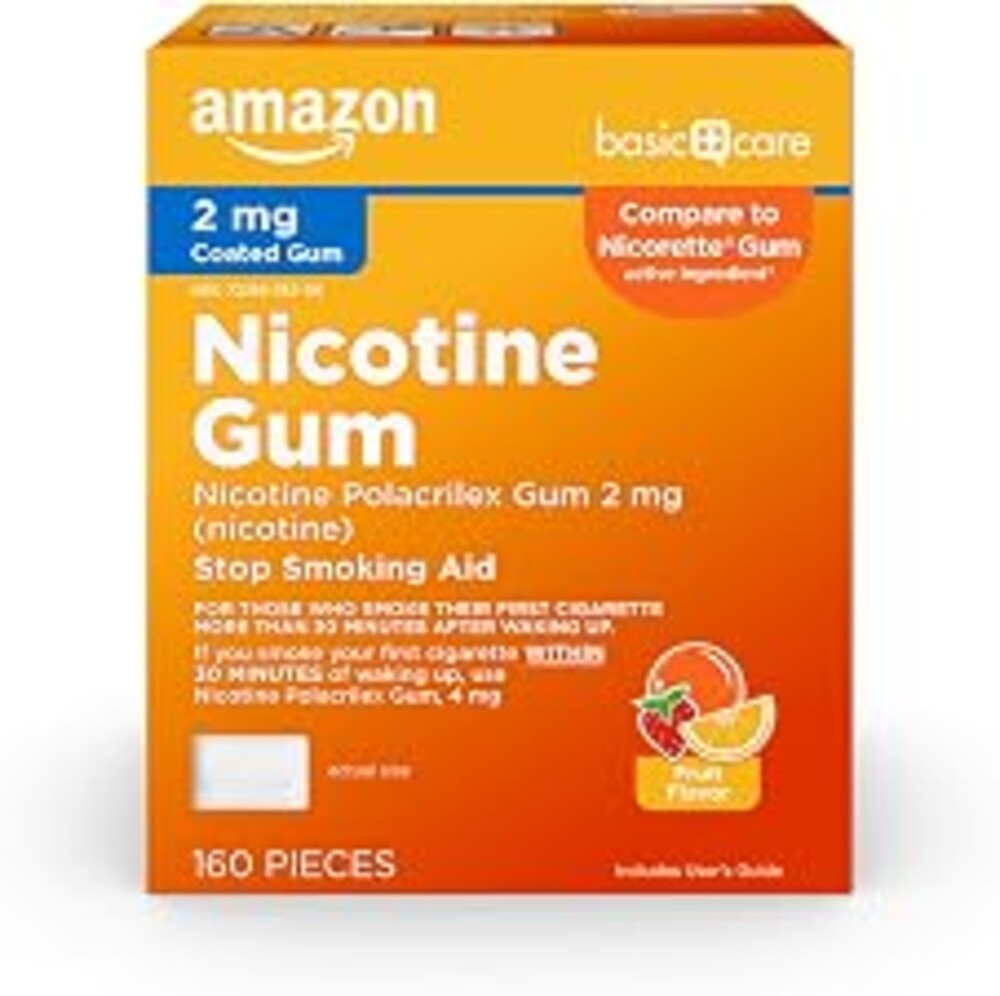 Amazon Basic Care Coated Nicotine Polacrilex Gum, 2 mg, Fruit Flavor, Stop Smoking Aid, Reduces Cravings, Smoking Cessation, 160 Count