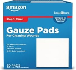 Amazon Basic Care Gauze Pads, 4x4" Sterile Medical Wound Dressing Sponges, 12-Ply, Extra Absorbent, for Cleaning, Covering & Cushioning Cuts & Minor Injuries, 50 Count, 1-Pack (Previously All Health)
