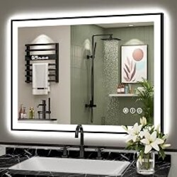 AWANDEE 40x30 Black LED Bathroom Mirror, Backlit & Front Lit Lighted Mirror | Metal Framed Anti-Fog Vanity Mirror with Lights, 3 Color Dimmable, Memory, Tempered Glass, CRI95, IP54, Horizontal/Vertical