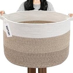 HZFTJOY 115L Extra Large Blanket Basket,Woven Rope Laundry Basket-Mix Brown | Collapsible Nursery Storage Bin with Sturdy Handles, Organizes Clothes, Toys and Pillows for Living Room, Bedroom, Bathroom