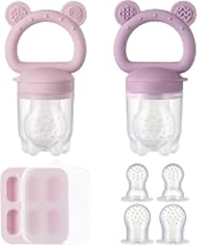 2 Pack Silicone Baby Fruit Feeder with Mini Freezer Tray, Breastmilk Popsicle Molds for Infant Teething Relief, Baby Teethers, Fresh Food Feeder for Safe Infant Self Feeding - Purple