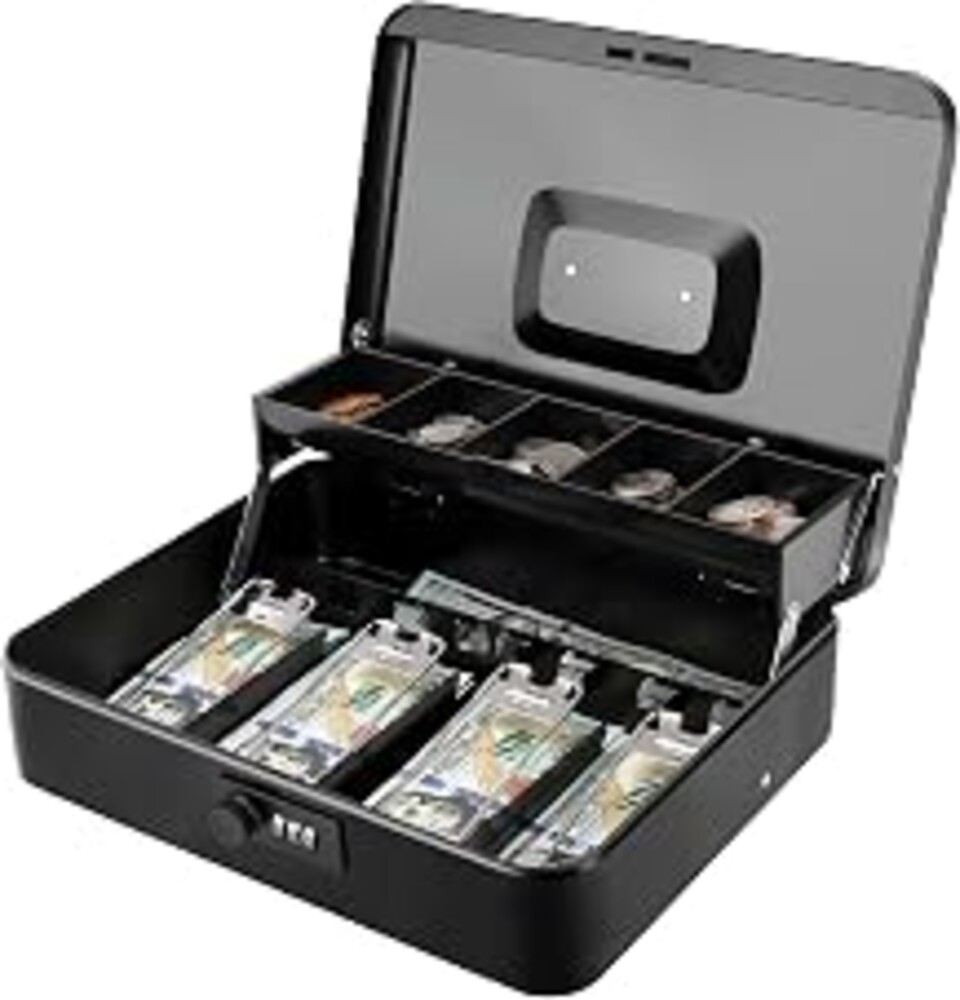 Jssmst Metal Cash Box with Money Tray and Lock, Portable Cash Drawer, 11.8" | Spill-Proof Foam Coin Tray Lid, No Pinch Bill Clips, 1mm Steel, Code, Black