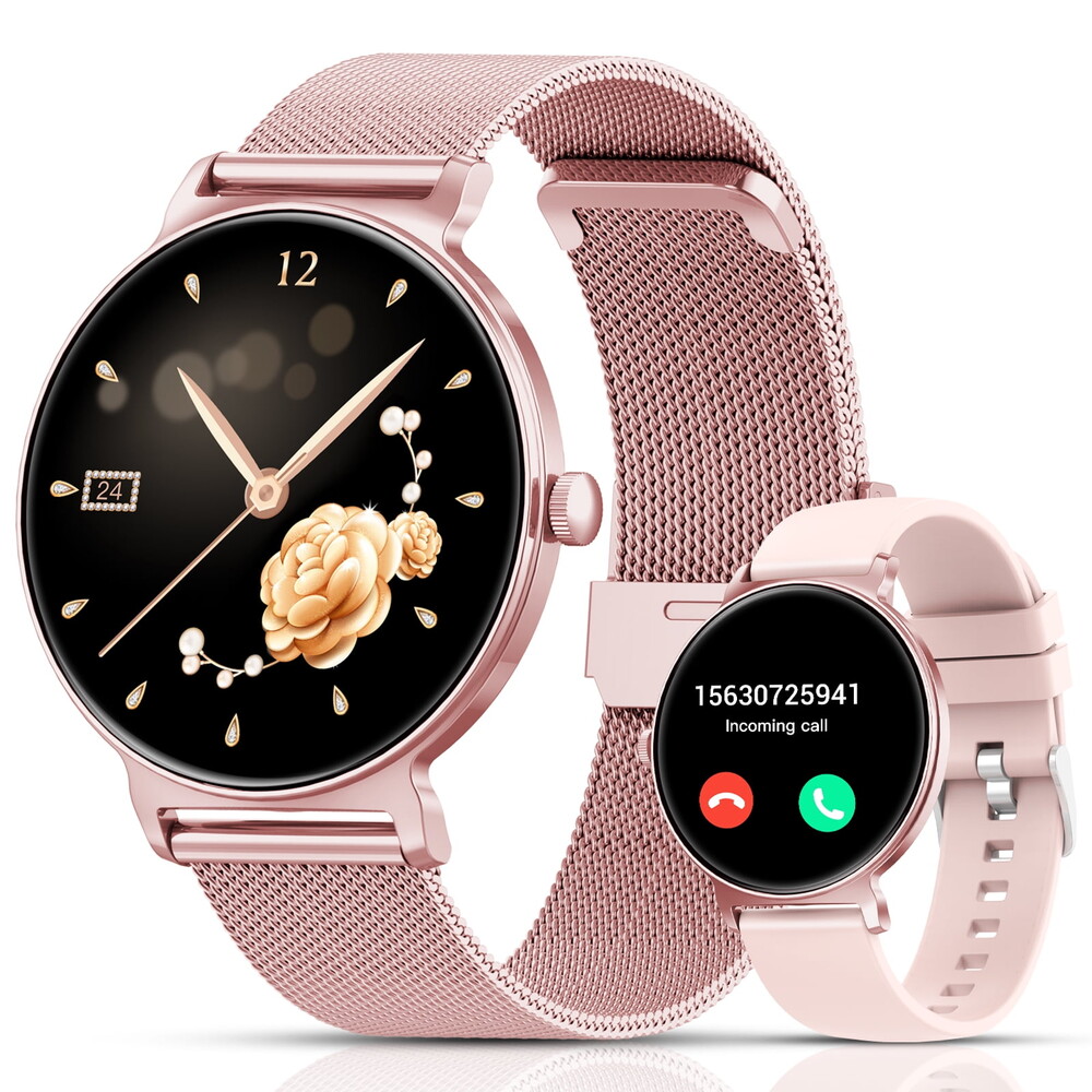Smart Watch for Women, 1.27" HD Thin Face Smartwatch Compatible with iPhone/Android (Answer/Make Calls), IP68 Waterproof, 100+ Sport Modes Fitness Tracker with 2 Bands