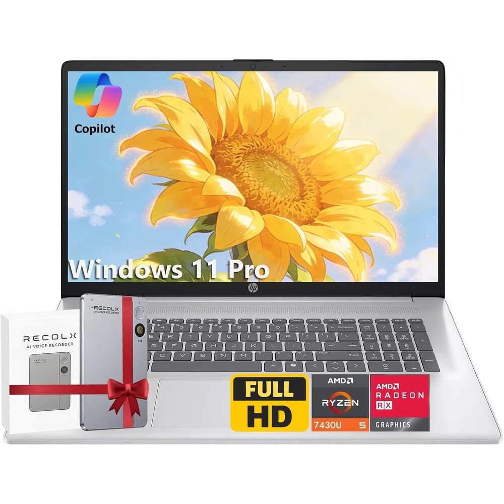 HP 17.3" FHD AI PC Laptop, AMD Ryzen 5 7430U, 8GB RAM, 256GB SSD, Windows 11 Pro, Silver