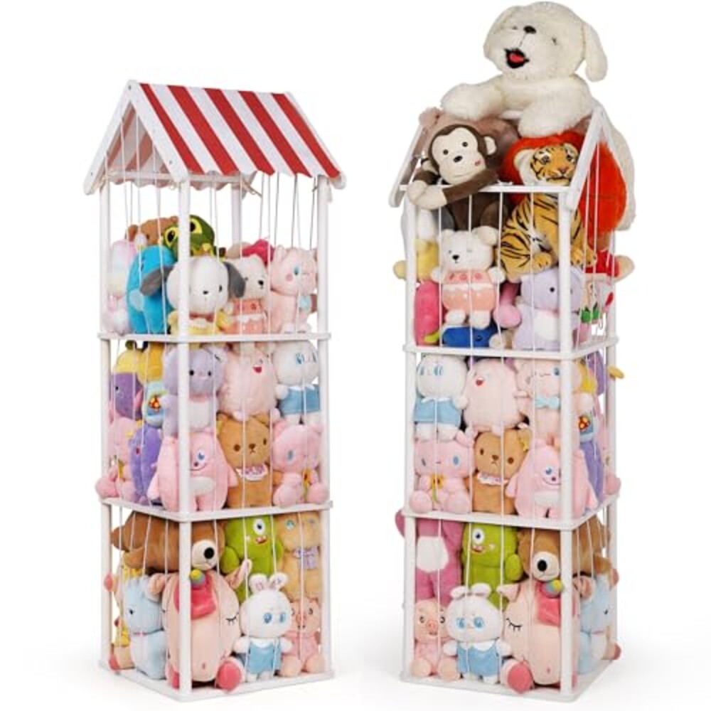 Wooden Stuffed Animal Storage Zoo 3-Tier, Anti-Tip Plush Toy Organizer | Large Capacity Stuffed Animal Organizer Holds 40+ Plushies, Anti-Tip Vertical Corner Toy Holder for Kids Nursery