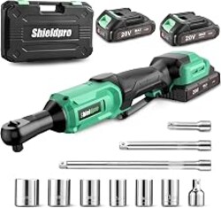 ShieldPro 20V Cordless Ratchet Wrench Set - 3/8" Electric Power Ratchet Kit with 400RPM, LED Work Light, and 2 Batteries, Fast Charger, Sockets, Adapters and Extension Bars (Green)