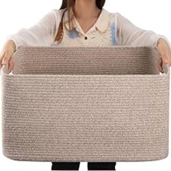 OIAHOMY 75L Large Blanket Basket Woven Cotton Rope Storage Basket Brown | 22”x17”x12” Laundry Basket with Handle, Organizing Blanket and Toys for Living Room, Nursery, Bedroom, Brown Variegated