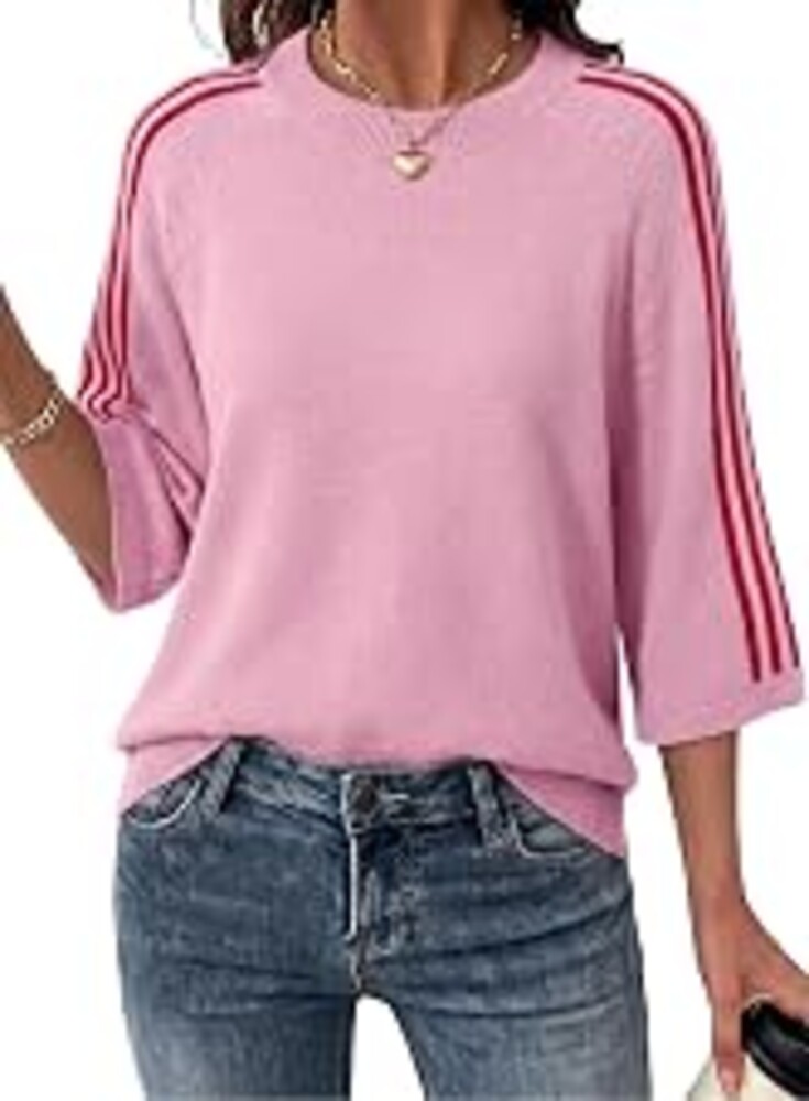 Dokotoo Oversized Cropped 3/4 Sleeve Sweaters for Women Knit Fall Tops 2026 | Cute Tops, Soft Casual Sweater, Round Neck Color Block Striped Sleeve Pullover, Fall Winter Fashion, Vacation Outfits